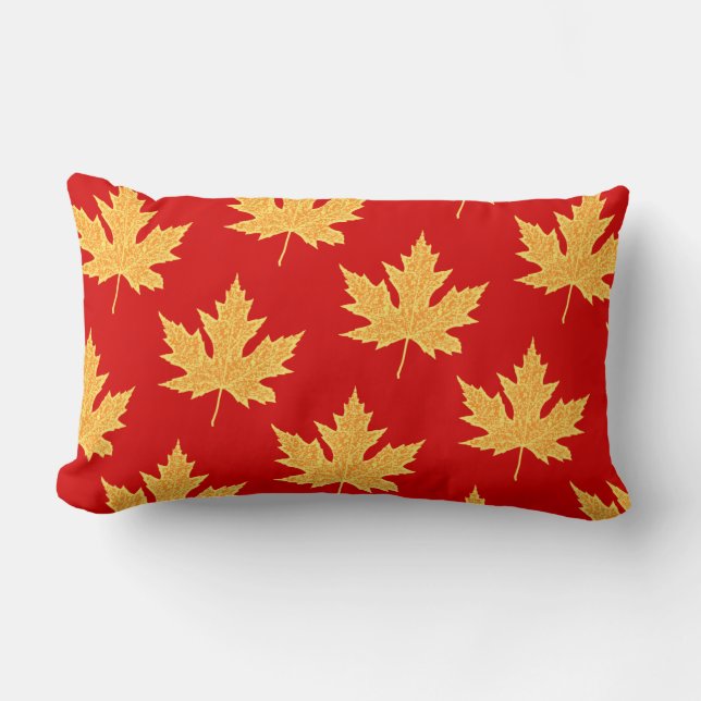 Oak leaf - deep red and saffron lumbar cushion (Front)