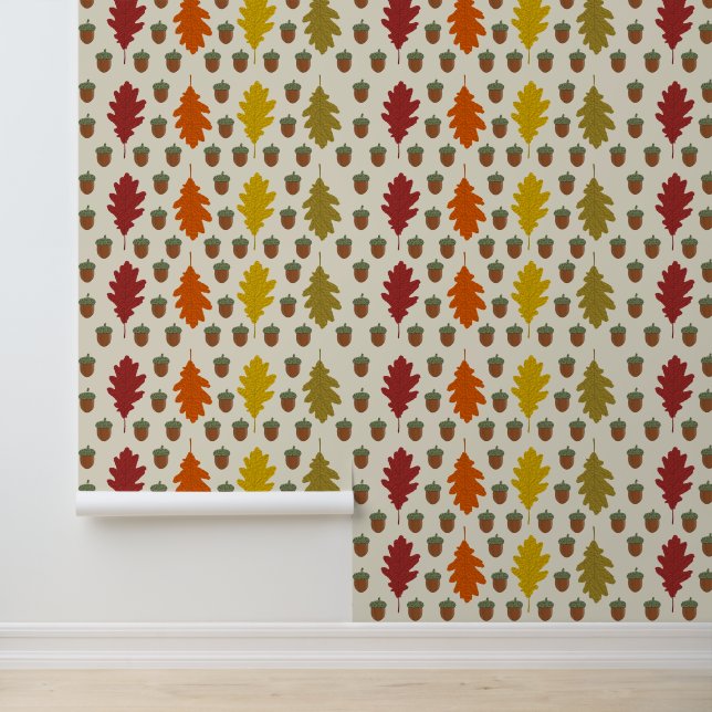 Oak leaves and Acorns Fall Autumn Patterned Wallpaper (Application)