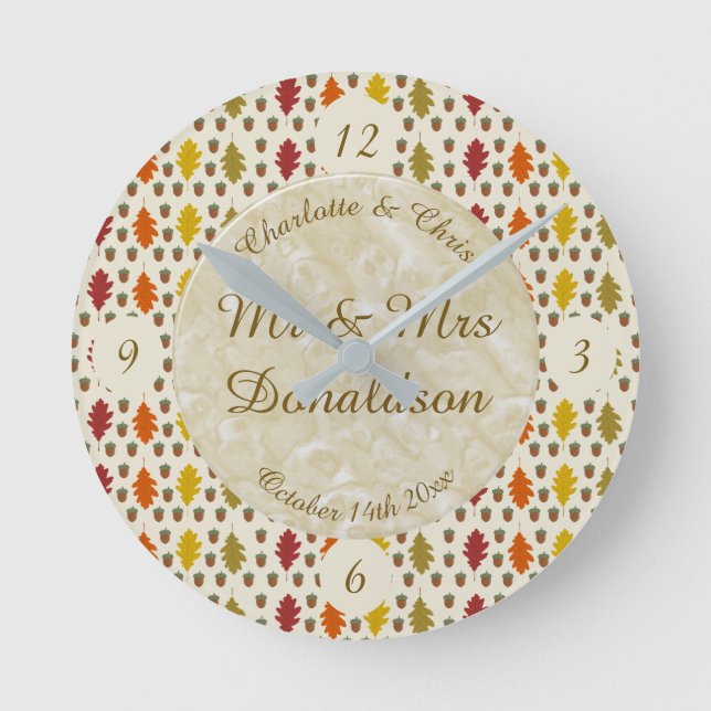 Oak leaves and Acorns Fall Autumn Wedding Custom Round Clock (Front)