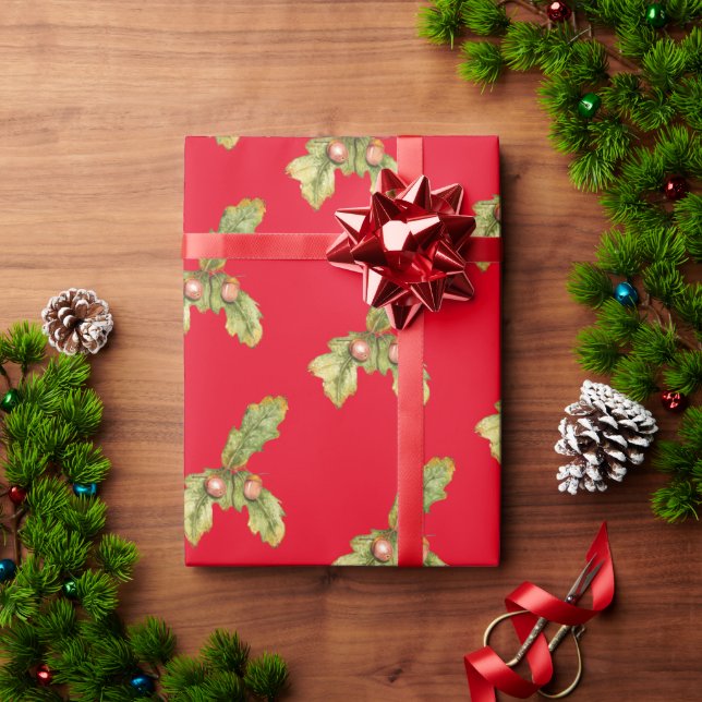 Oak Leaves on red Wrapping Paper (Holiday Gift)