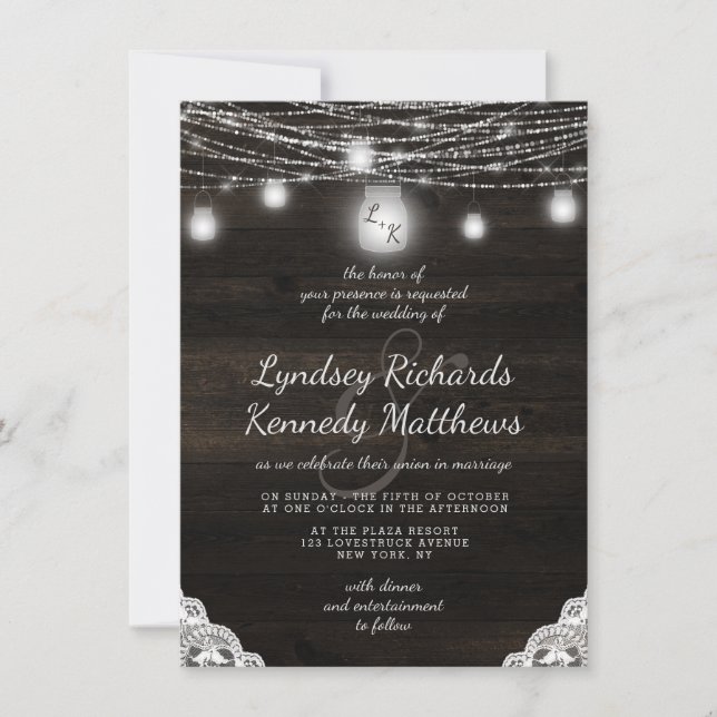 Oak Ridge Rustic Dark Wood & Lace Wedding Invitation (Front)