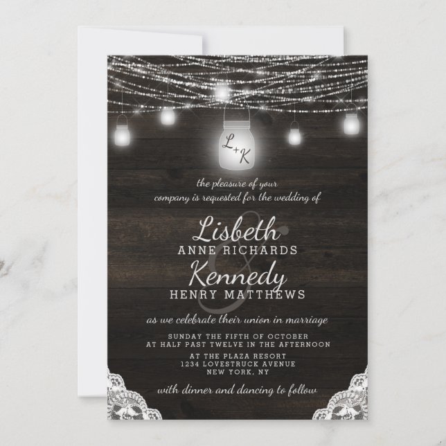 Oak Ridge Rustic Mason Jars & String Light Wedding Invitation (Front)