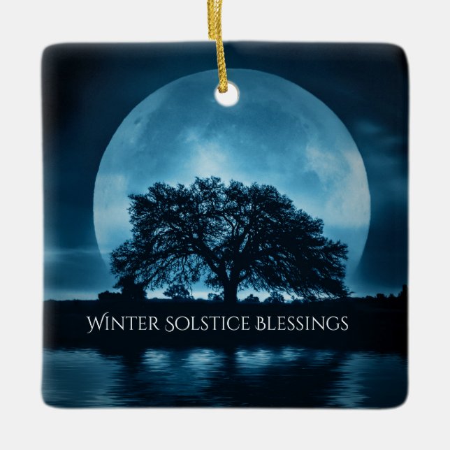 Oak Tree and Moon Winter Solstice Blessings Ceramic Ornament (Front)