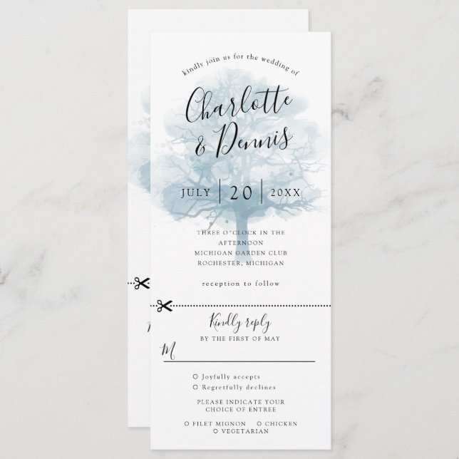 Oak tree blue wedding invitation w rsvp attached (Front/Back)