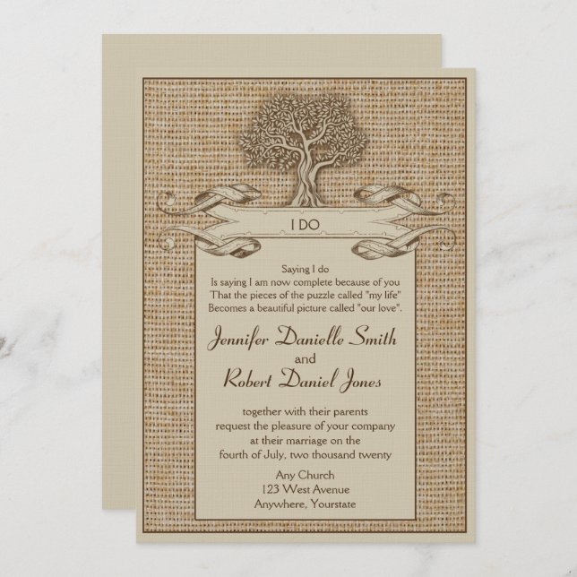 Oak Tree on Burlap Wedding Invitation (Front/Back)