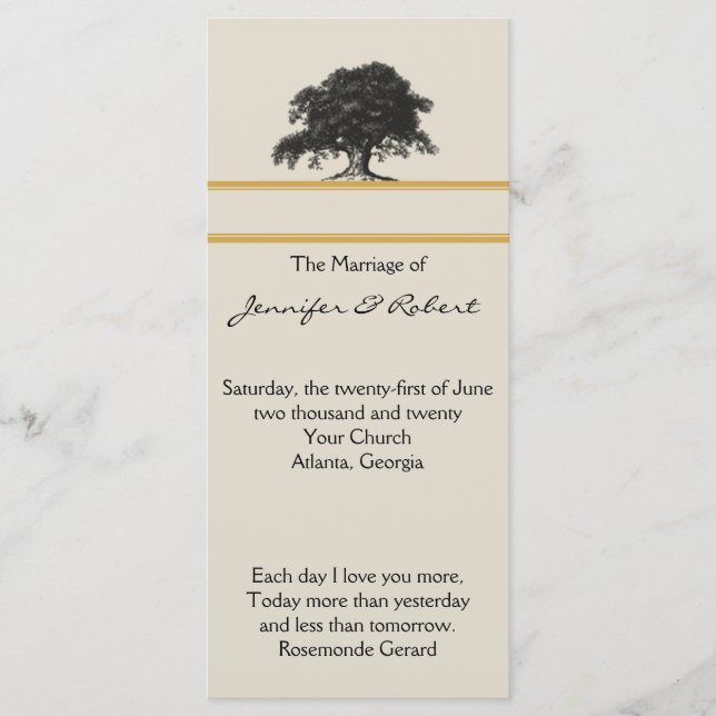 Oak Tree Plantation in Gold Wedding Program Programme (Front)