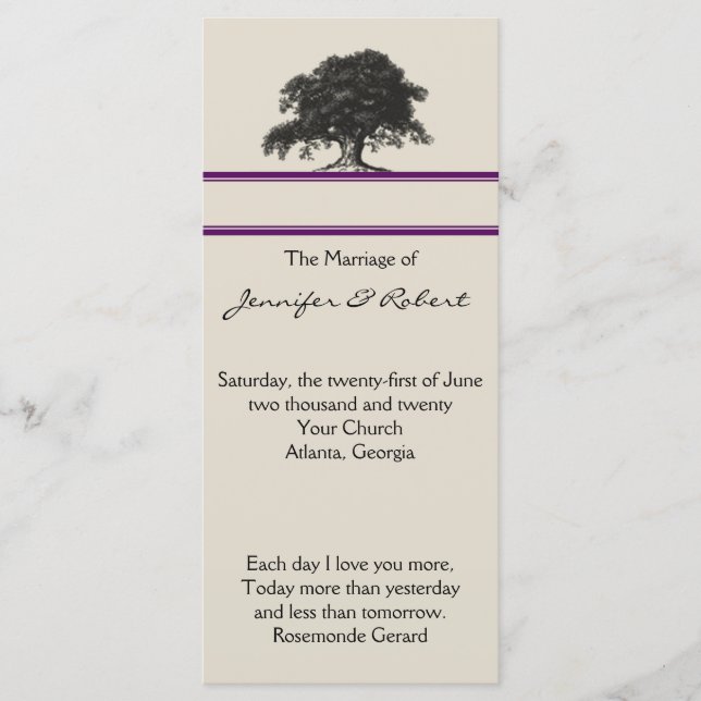 Oak Tree Plantation in Purple Wedding Program Programme (Front)