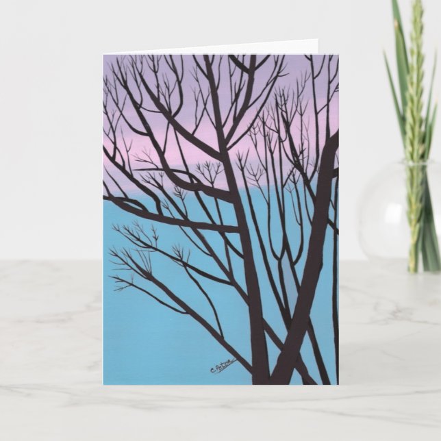 Oak tree silhouette, lavender sky greeting card (Front)