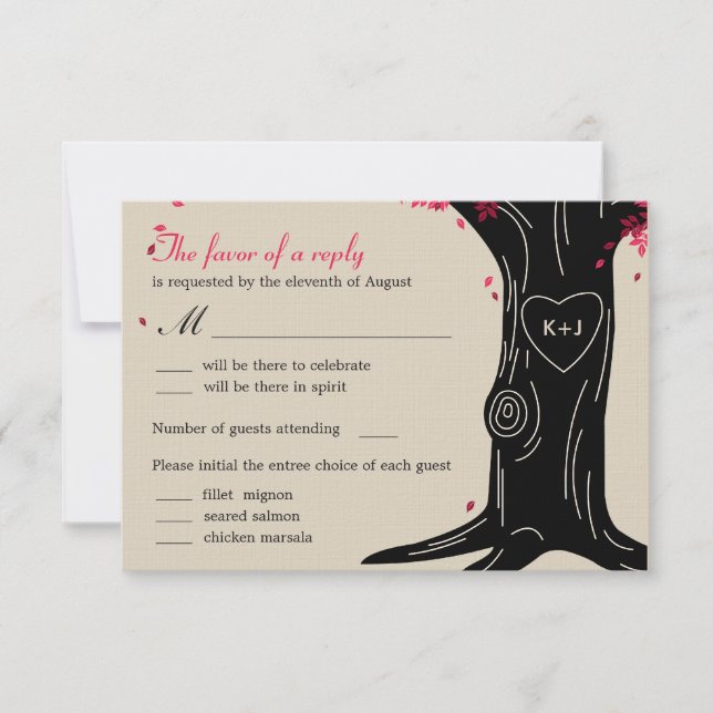 Oak Tree Wedding RSVP Card with Menu - Fuchsia (Front)