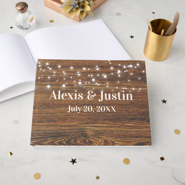 Oak Wood and Light String Wedding Guest Book (Front Open)