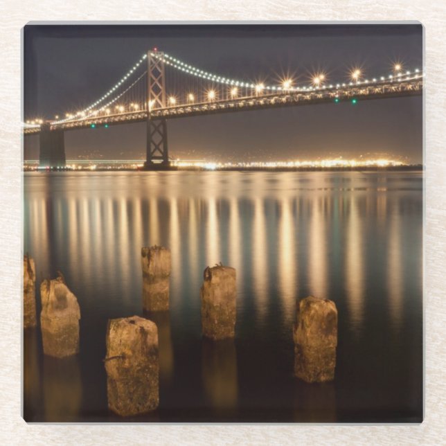 Oakland Bay Bridge night reflections. Glass Coaster (Front)