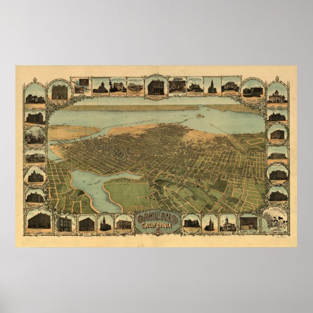 Oakland California 1900 Antique Panoramic Map Poster (Front)