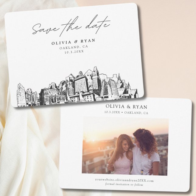 Oakland Wedding Modern Save the Date Invitation (Oakland wedding skyline sketch with engagement photo)
