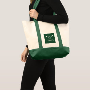 Oar inspiring slogan and crossed oars forest green tote bag