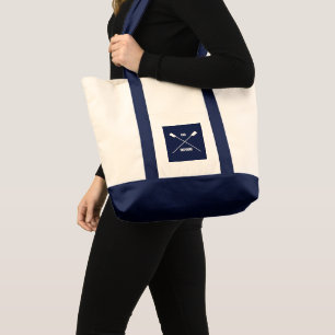 Oar inspiring slogan and crossed oars navy tote bag