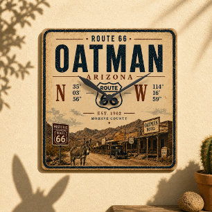 Oatman Arizona Route 66 Vintage Decor Square Wall Clock