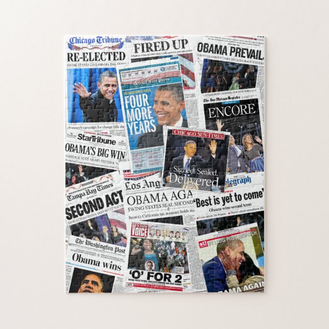 Obama Re-Elected Newspaper Collage Puzzle (Vertical)