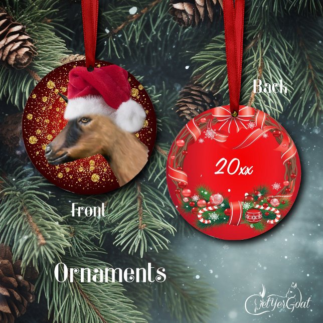 Oberhasli Goat Santa Hat Christmas Ornament (Oil portrait of a pretty Oberhasli goat,m with Santa hat and gold snowflakes - dated  #zazzlemade)