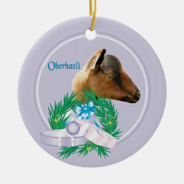 Oberhasli Goat Wreath Holiday Ornament (Front)