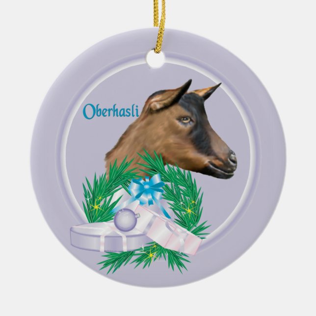 Oberhasli Goat Wreath Holiday Ornament (Front)