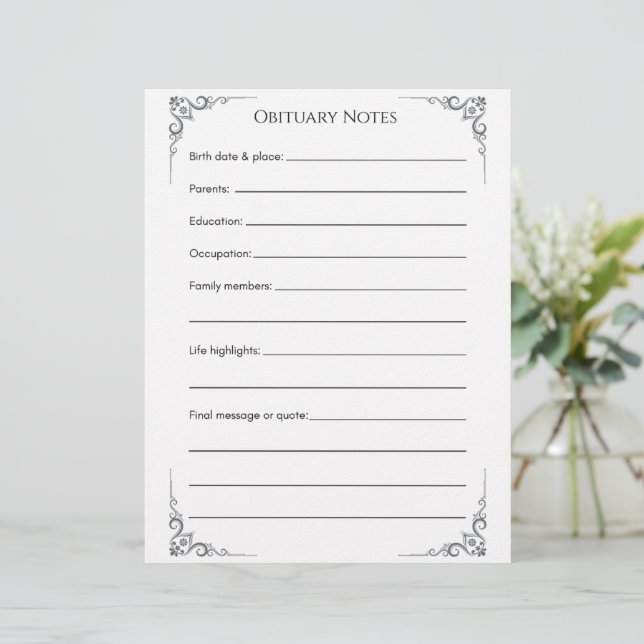Obituary Notes Template – End-of-Life Planning Let Custom Letterhead (Standing Front)