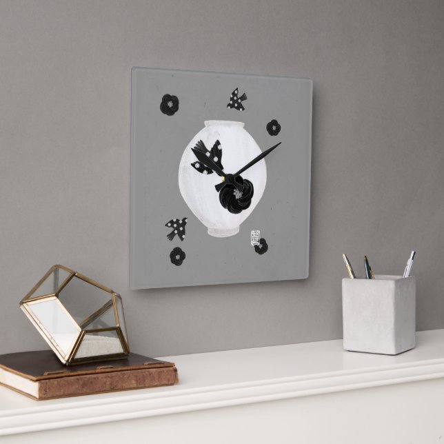 objet_22_camellia,bird and pottery square wall clock (Office)