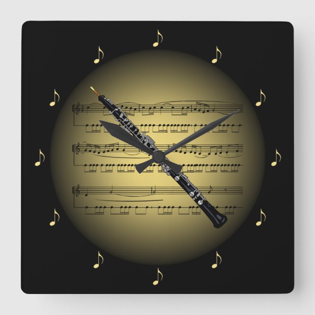 Oboe 3-D Gold Globe ~ Sheet Music ~ Black BG ~ * ~ Square Wall Clock (Front)