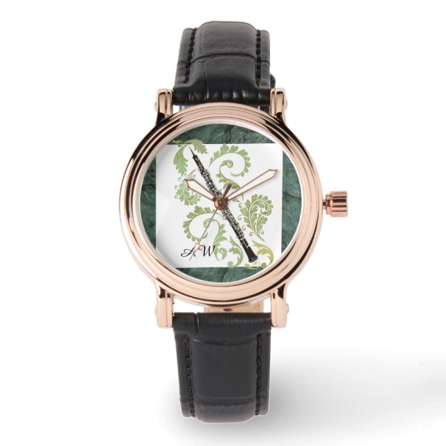 Oboe and Foliage Stone Effect Custom Monogram Watch (Front)
