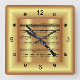 ~ Oboe ~ Curved Sheet Music ~ Gold Background ~ Square Wall Clock