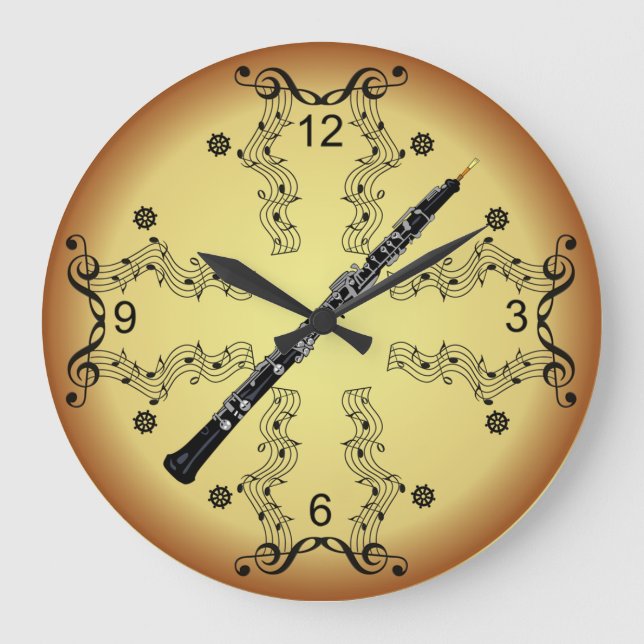 Oboe ~ Musical Scroll ~ Golden Background ~ Large Clock (Front)