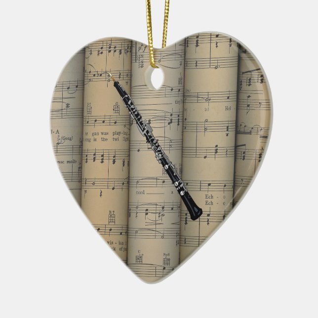Oboe ~ Rolled Sheet Music Background ~ Musical Ceramic Tree Decoration (Left)