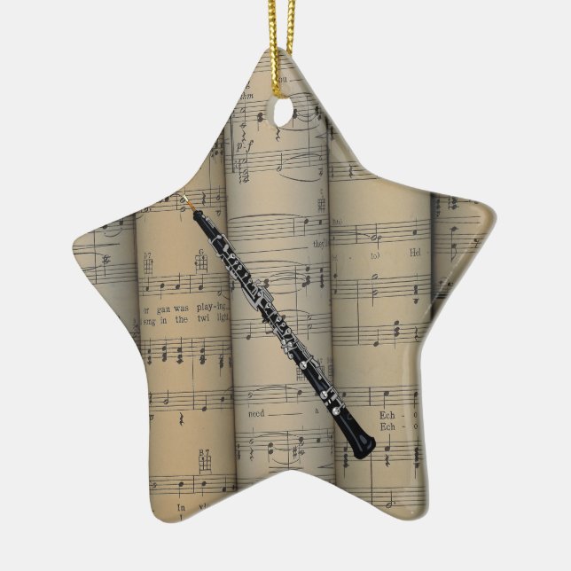 Oboe ~ Rolled Sheet Music Background ~ Musical Ceramic Tree Decoration (Left)