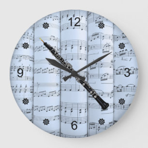 Oboe ~ Rolled Sheet Music ~ Blue Tint Background ~ Large Clock