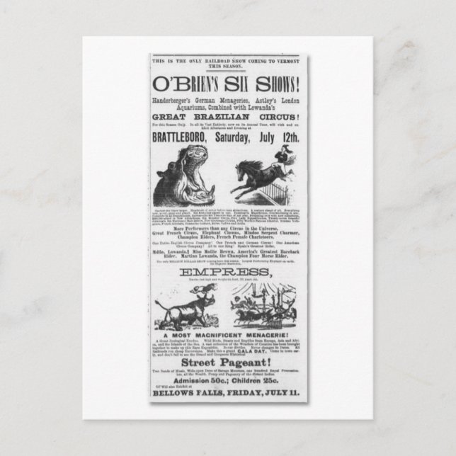 O'Brian's Six Shows Circus Advertisement Postcard (Front)