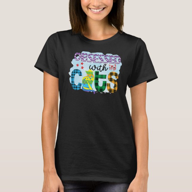 Obsessed With Cats Graphic Patchwork Cat T-Shirt (Front)