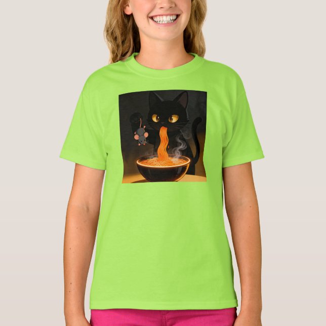 Obsidian Cat & Daring Mouse – Midnight Ramen Feast T-Shirt (Front)