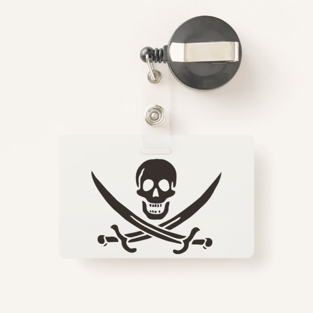 Obsidian Skull Swords Pirate flag of Calico Jack ID Badge (Back with Retractable)