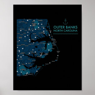 Obx Nc Outer Banks Map Duck Corolla Beach Vacation Poster