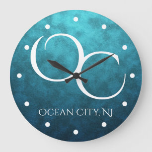 OC Ocean City NJ on Blue Water Background Beach Large Clock