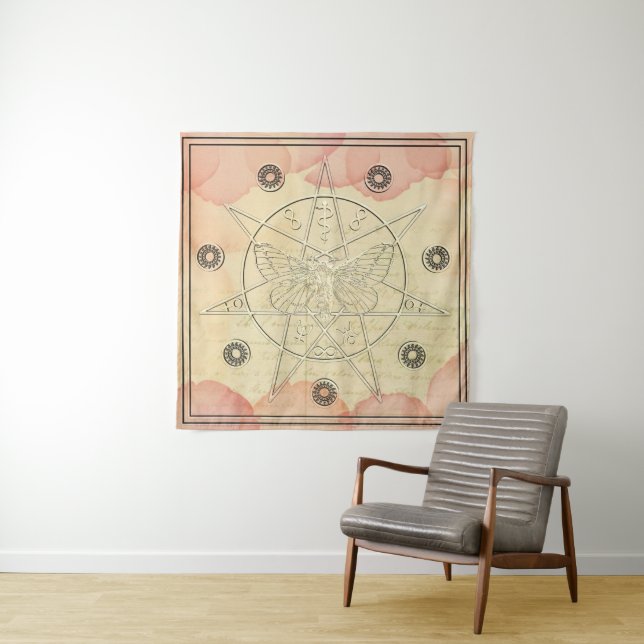 Occult Secrets Pink Roses Witches Sigil Tapestry (In Situ)
