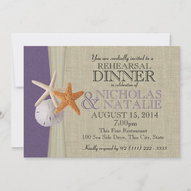 Ocean and Burlap Purple Rehearsal Dinner Invitation (Front)