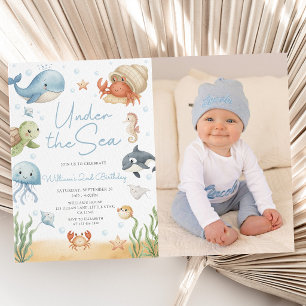 Ocean Animal Under The Sea 2nd Birthday Photo Invitation