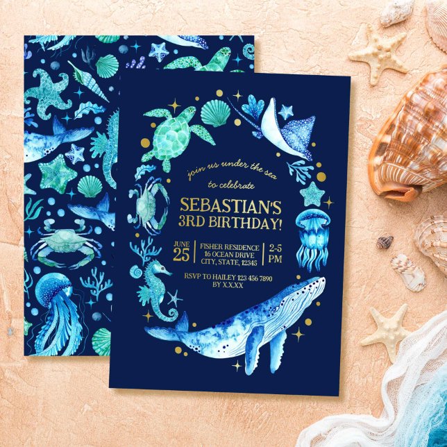 Ocean Animals Blue Watercolor 3rd Birthday (Ocean Animals Blue Watercolor 3rd Birthday Foil Invitation)