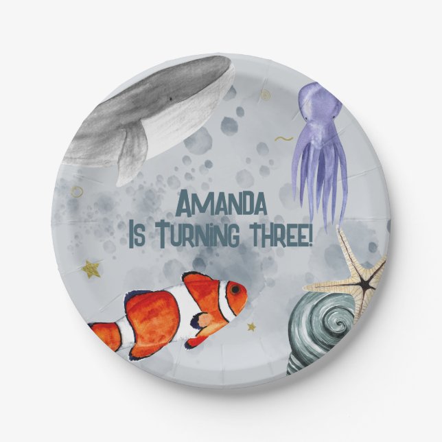 Ocean Animals Sea Life Kids Birthday Party Blue  Paper Plate (Front)