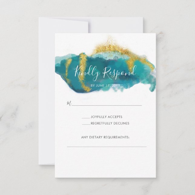 Ocean aqua and gold watercolor RSVP cards (Front)