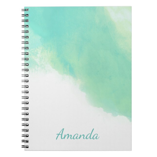 Ocean Aqua Blue Abstract Watercolor with Monogram Spiral Notebook (Front)