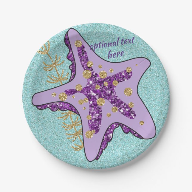 Ocean Aqua Glitter Purple Star Fish Paper Plates (Front)