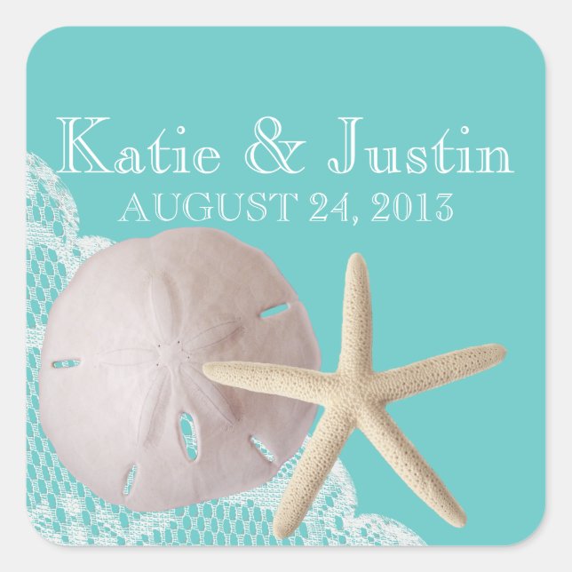 Ocean Aqua Sand Dollar and Starfish Square Sticker (Front)