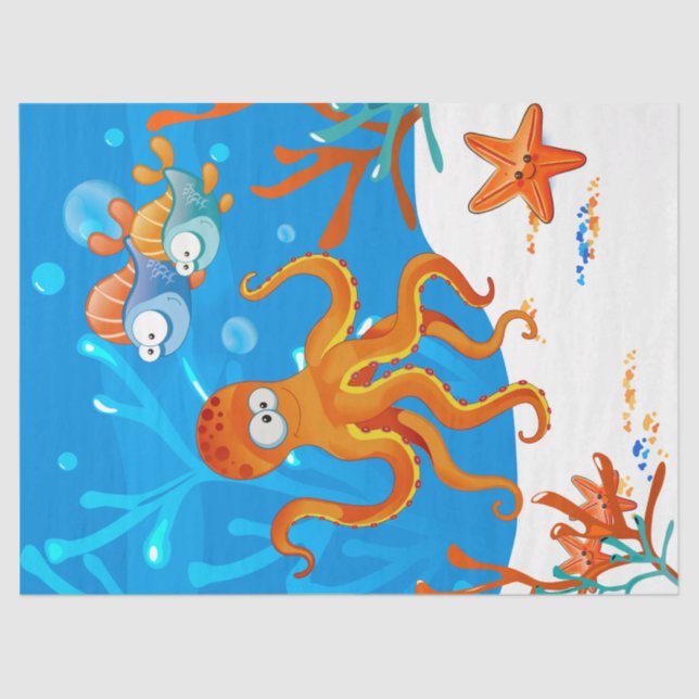 Ocean Aquatic Cute Octopus Fish Decoupage Tissue Paper (Front)