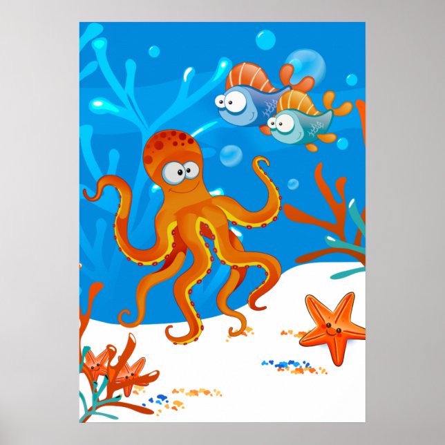 Ocean Aquatic Cute Octopus Starfish Kids Room Poster (Front)